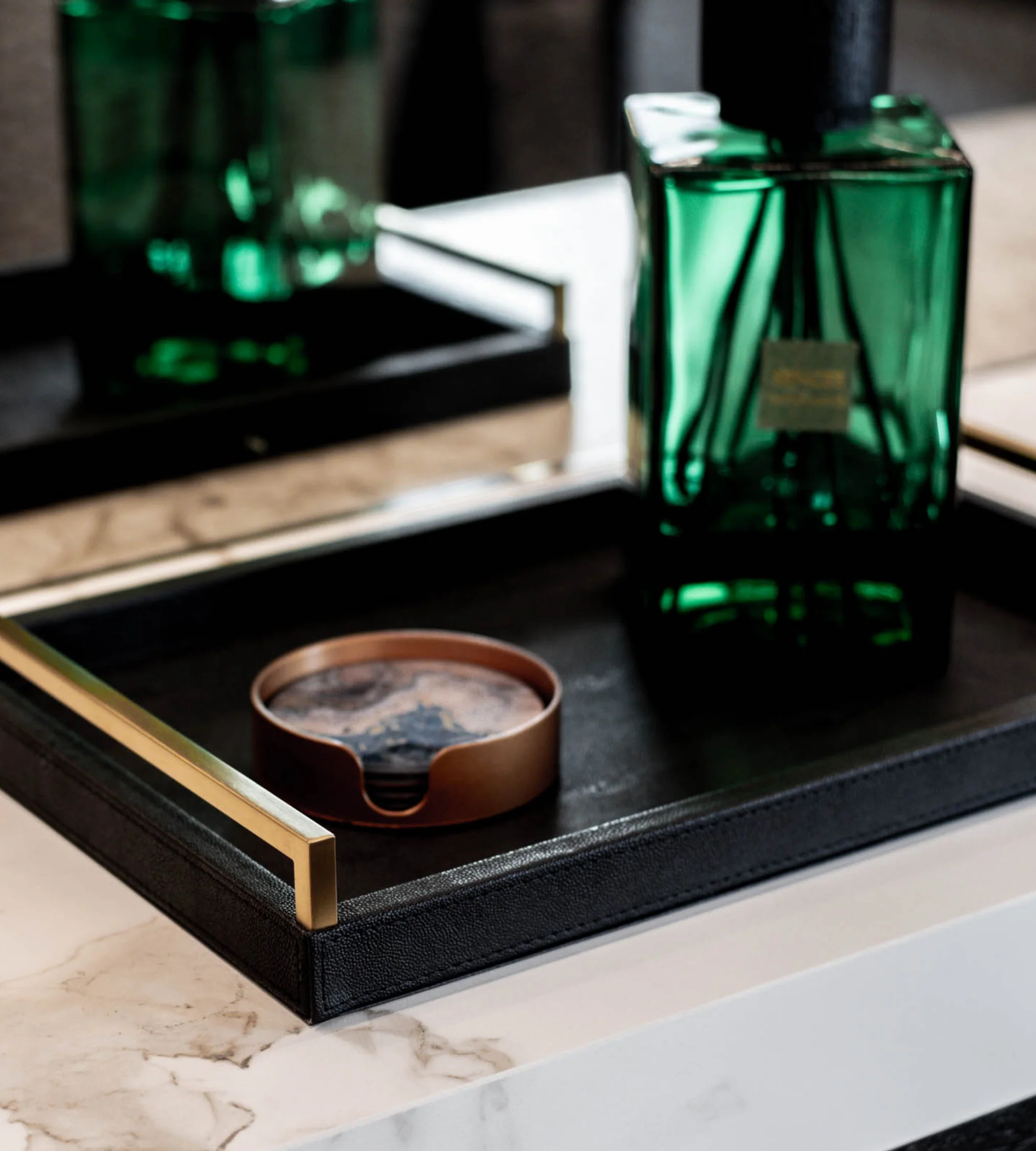 Black Faux Shagreen Leather Tray with Handles - Image 3