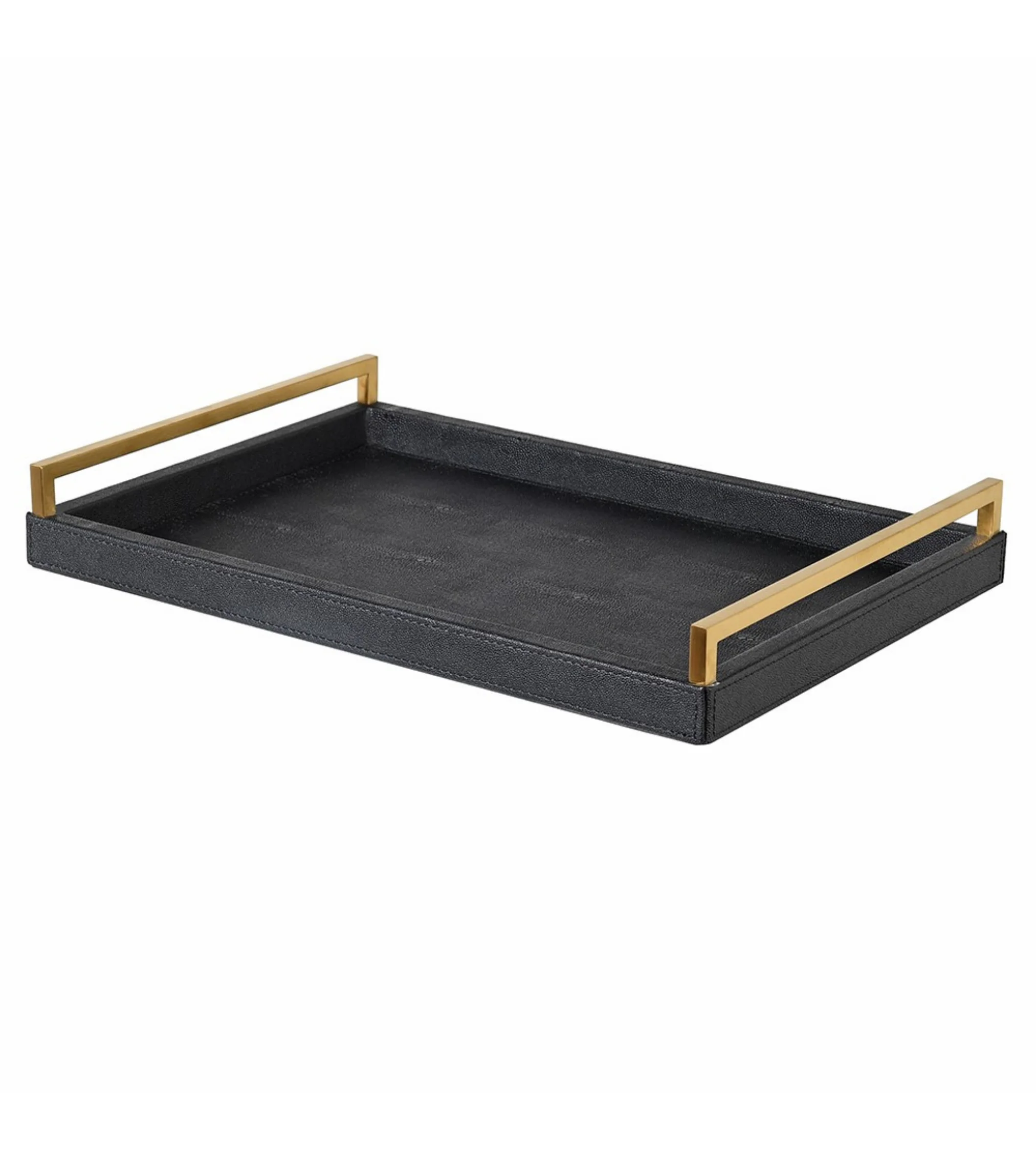 Black Faux Shagreen Leather Tray with Handles - Image 4